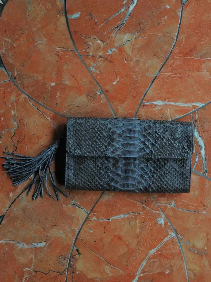 Genuine python skin classy gray flat clutch with shoulder chain | elegant evening women purse | designer leather bags | small snake bag