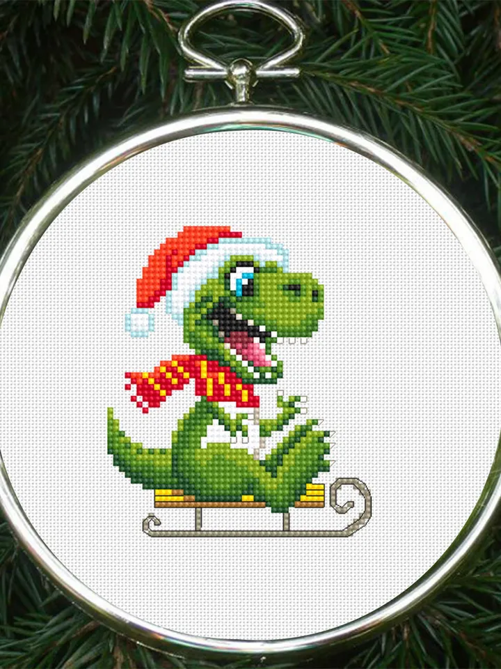 Funny dinosaur christmas cross stitch pattern PDF download, Set of 2 small dinosaur cross stitch chart, Cute dino pattern digital PDF #N116