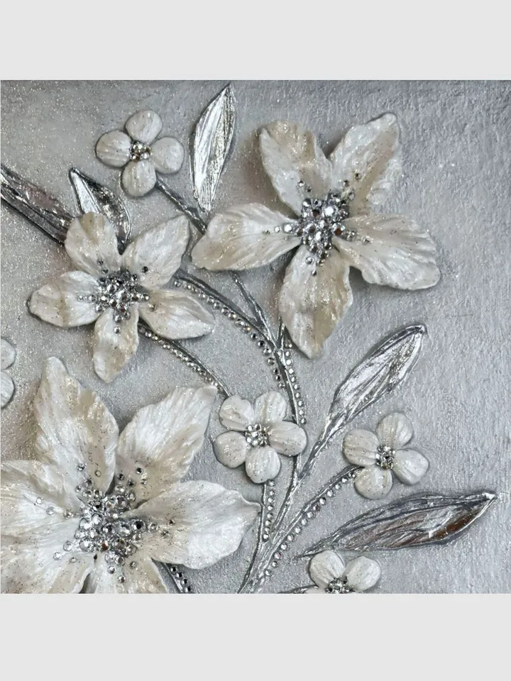 White Pearl Lilies Floral artwork | Silver Glittery Textured Flower Original Painting with Crystal