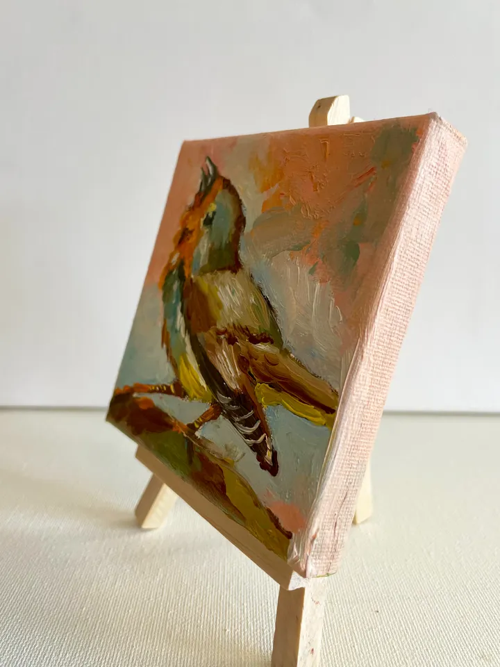Robin Painting, Original Oil painting on Canvas, Tiny Bird art painting, Miniature Artwork