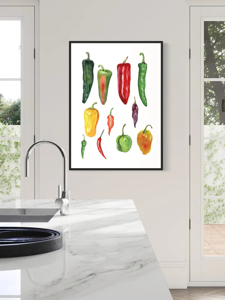 Chili Peppers Art Print, Watercolor Painting, Colorful Vegetables Art, Restaurant Decor, Kitchen Art Print, Chef Gift, Red Hot Pepper Print