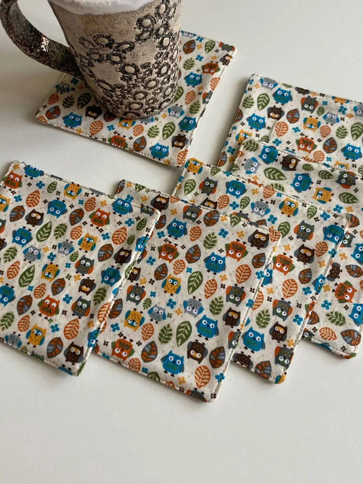 Owl coaster Set of 6 Linen-cotton coasters 4.5'' x 4.5''