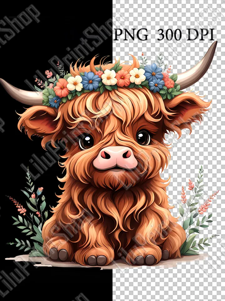 Baby Highland cow png for sublimation Cute animal overlay, Highland cow clipart for party invite, digital instant download