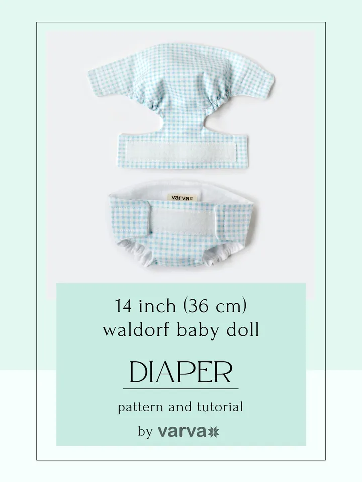 DIY diaper for Waldorf baby doll 14 inch (36 cm) tall. PDF sewing pattern and tutorial.