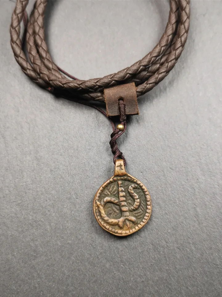Gandhanra Handmade Tibetan Buddhist Amulet Pendant,Rod of Asclepius,Snake Stick, Made of Brass,0.87"