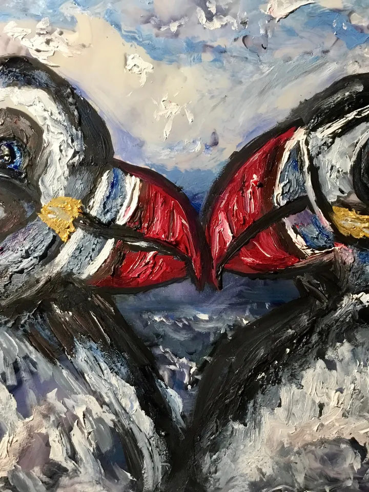 2 puffins original mix media oil painting on glass,stained glass panel,painting on glass,puffins in love,sea painting glass art,love gift.