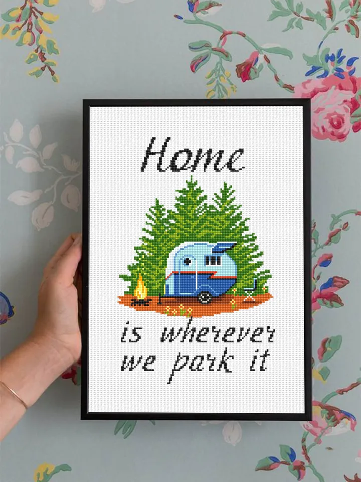 Camping cross stitch pattern PDF download Home is wherever we park it, Travel cross stitch chart, Camping pattern digital PDF #Q63