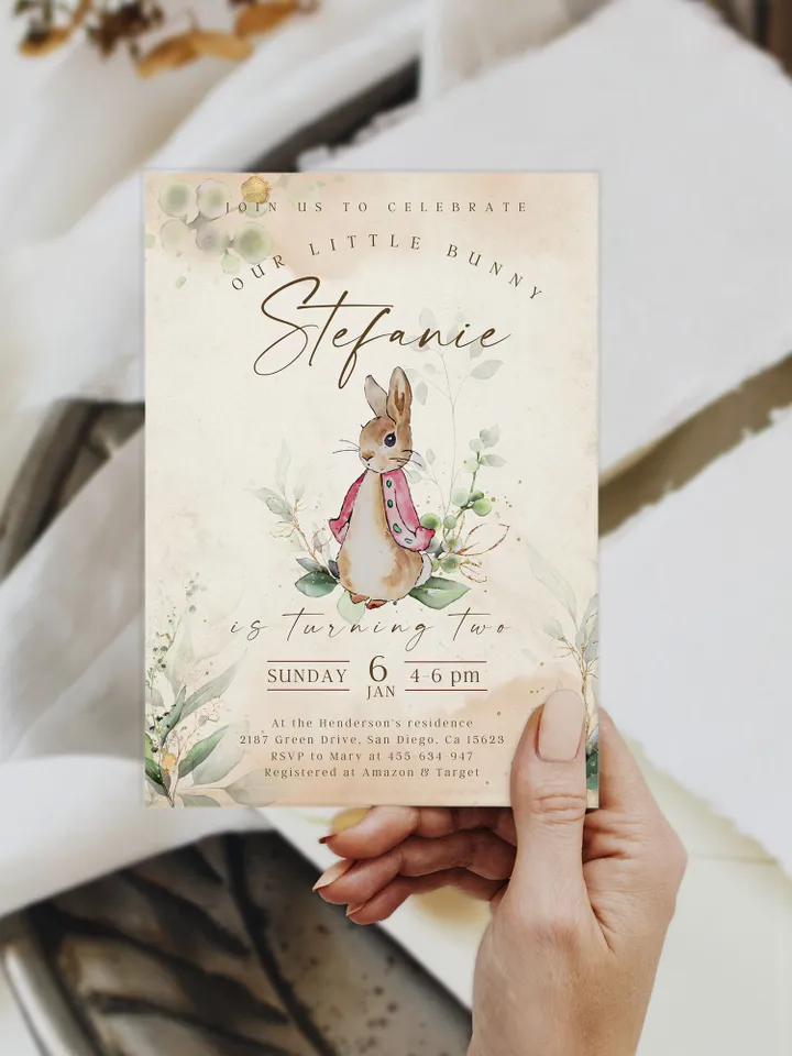 Peter Rabbit First Birthday Invite; Bunny Baby Birthday Invitation template; Our little bunny turning one; Girl bunny birthday invitation