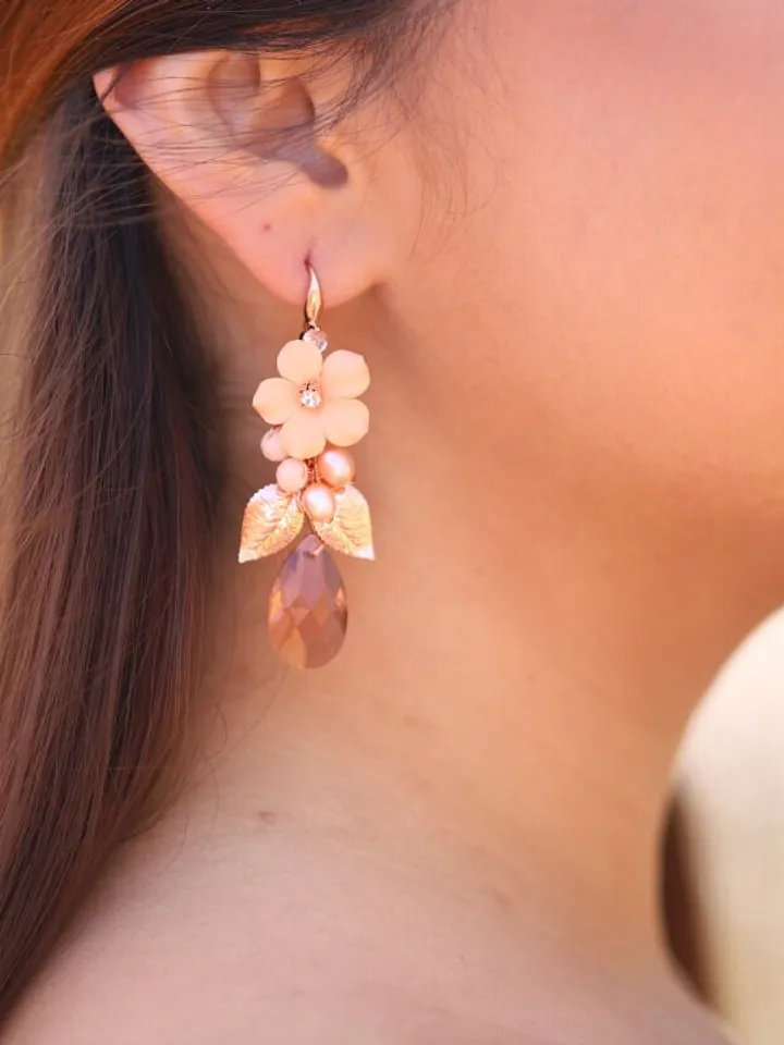 Freshwater Pearl Boho Wedding Earrings, Floral Bridal Earrings, Swarovski Crystal Statement Leaf Rose Gold Wedding Jewelry, Gift For Her,