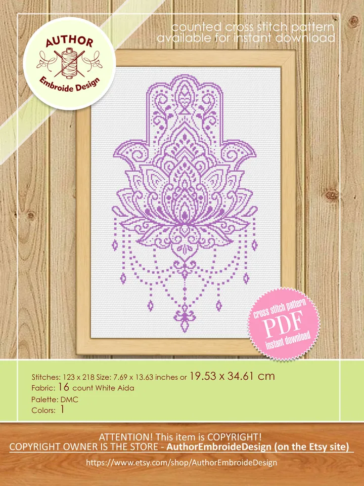 Hamsa hand cross stitch pattern PDF download Lotus mandala cross stitch chart, Hand of Fatima cross stitch, Good luck charm embroidery #M148