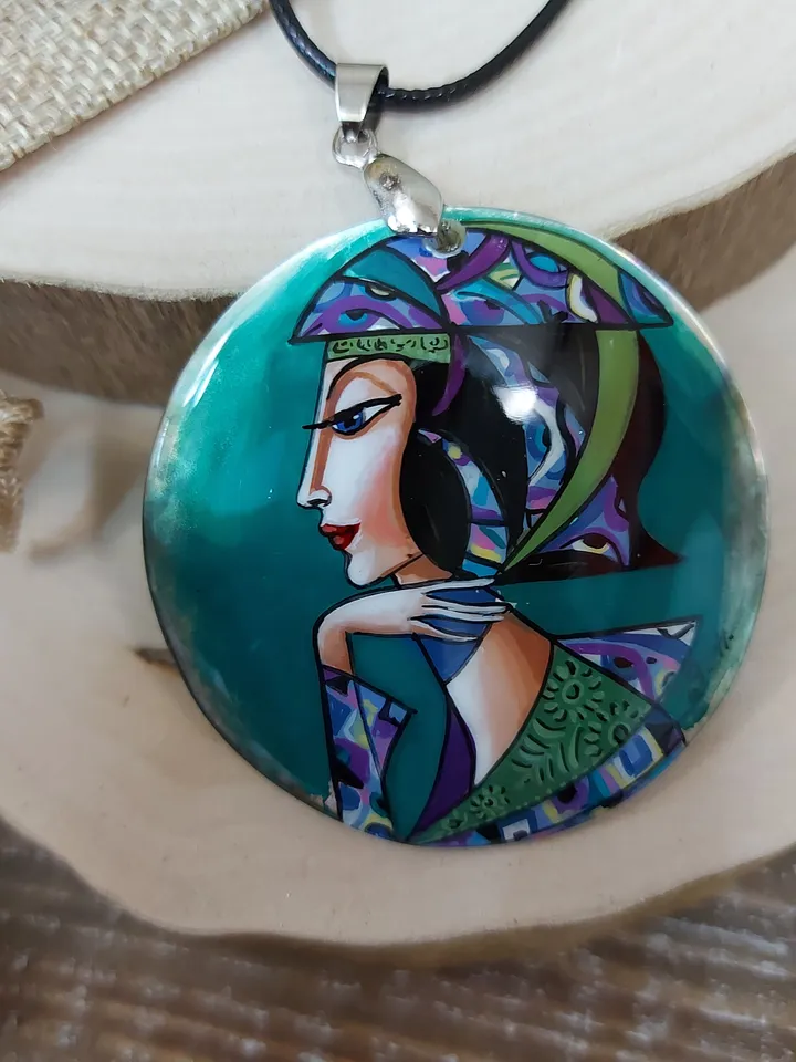 Pendant "In purple tones 2" Mother-of-pearl Hand-painted Art gift Russian necklace, fine art jewelry Fedoskino