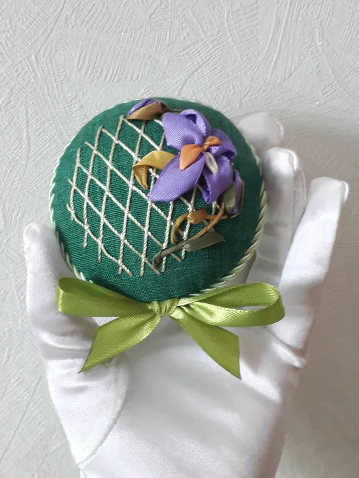 Green pincushion pillow ribbon embroidery, needle case with embroidered iris , embroidered pin accessory