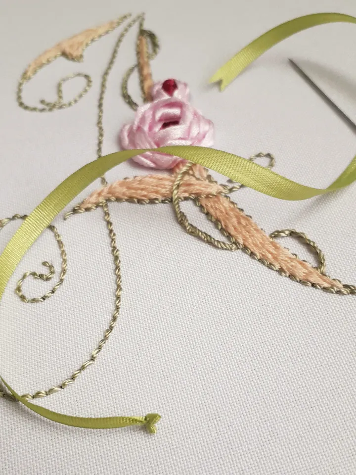 Floral alphabet letter A pdf hand embroidery beginner Flower monogram ribbon embroidery