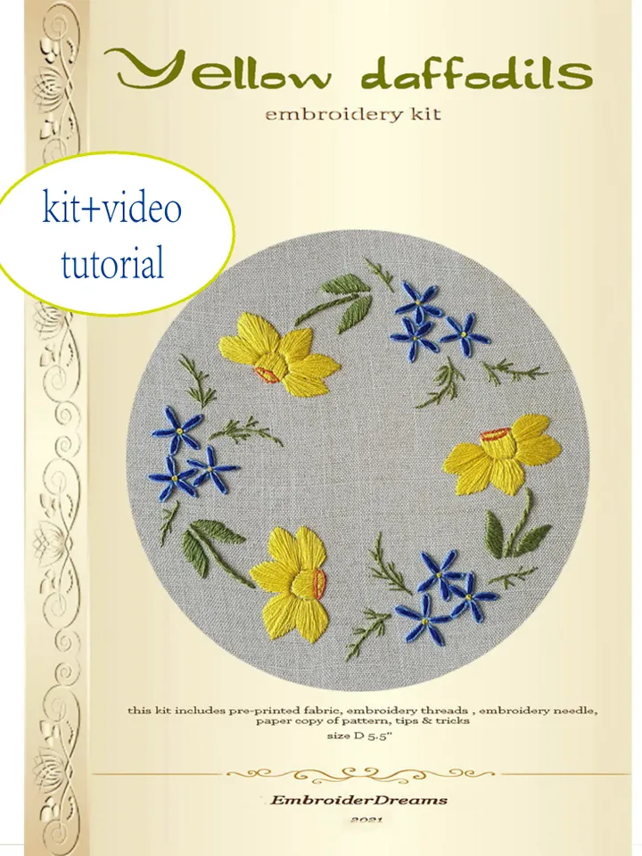 Hand embroidery kit Daffodils, craft kit for Beginners and Beyond, easy embroidery wreath of daffodils