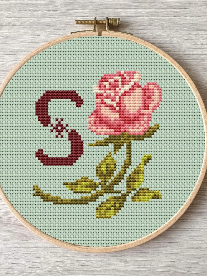 Floral letter S pdf cross stitch Flower monogram alphabet easy embroidery