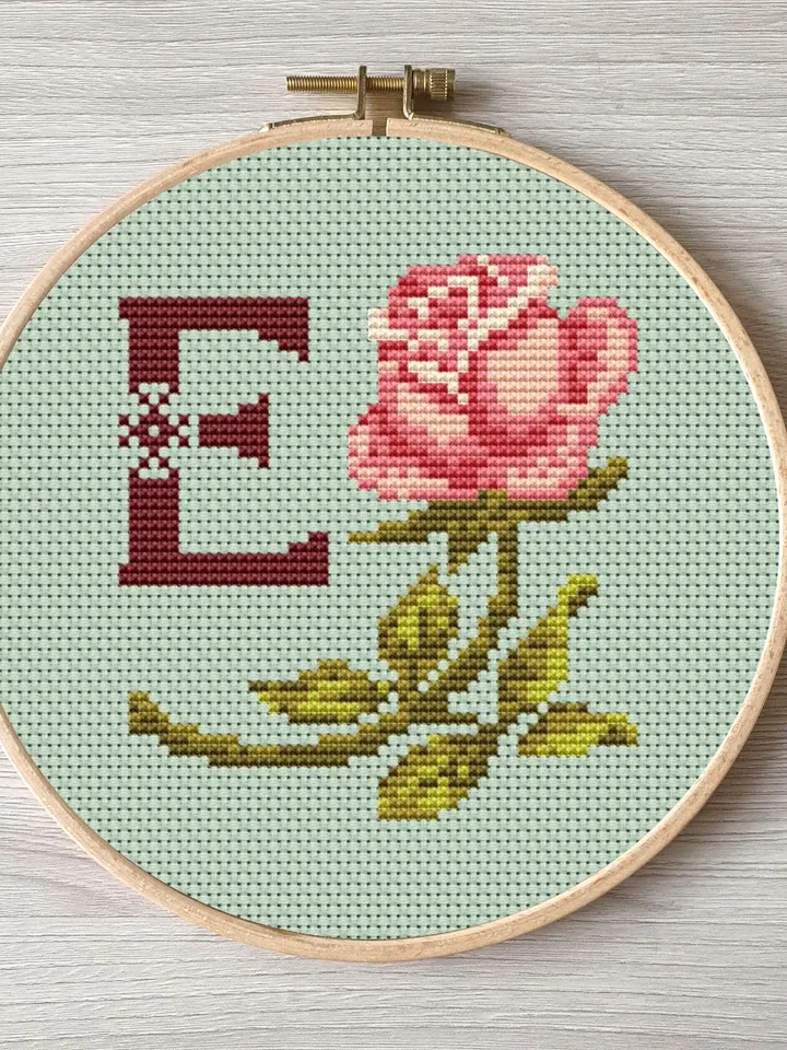 Floral letter E pdf cross stitch Flower monogram alphabet easy embroidery