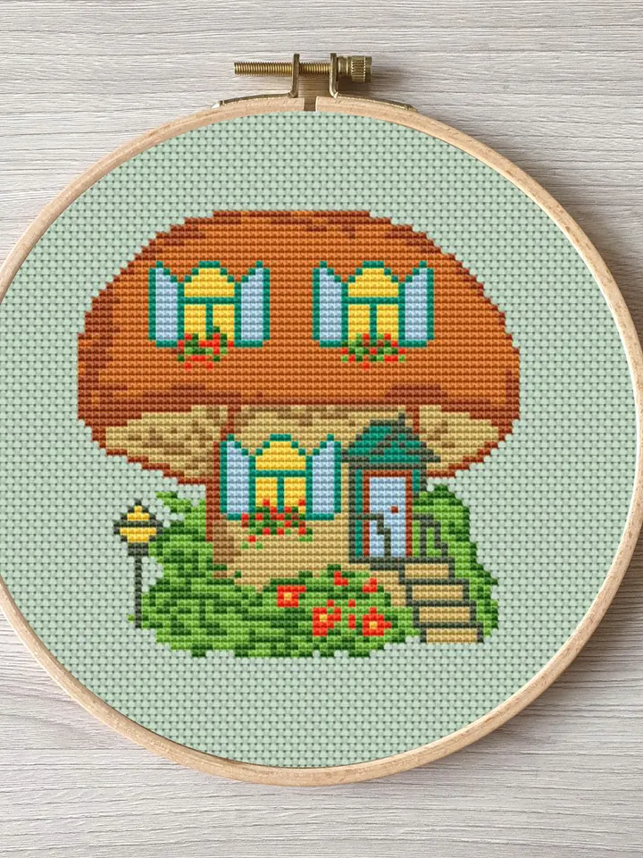 Cute mushroom pattern cross stitch, easy embroidery DIY