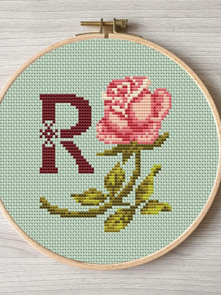 Floral letter R pdf cross stitch Flower monogram alphabet easy embroidery
