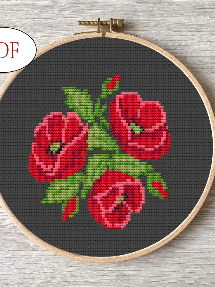 Poppy cross stitch pattern pdf DIY Design flower digital Small pattern cross stitch.