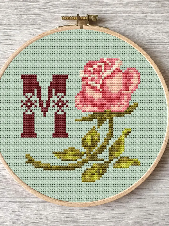 Floral letter M pdf cross stitch Flower monogram alphabet easy embroidery