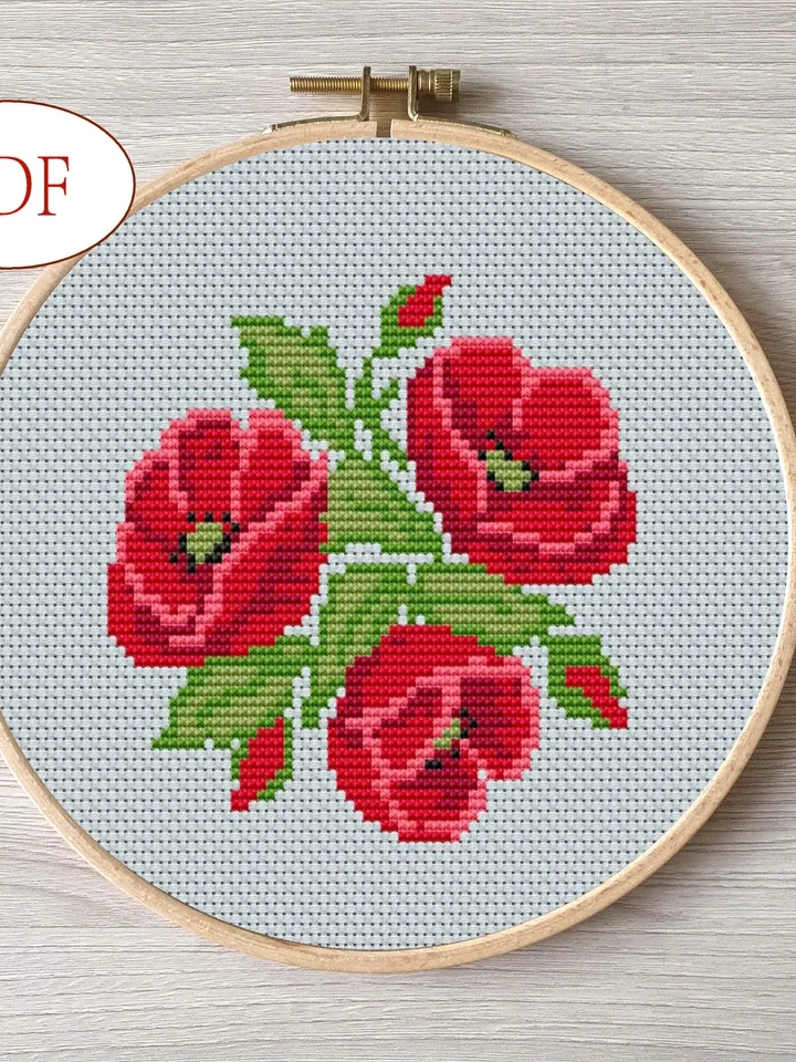Poppy cross stitch pattern pdf DIY Design flower digital Small pattern cross stitch.