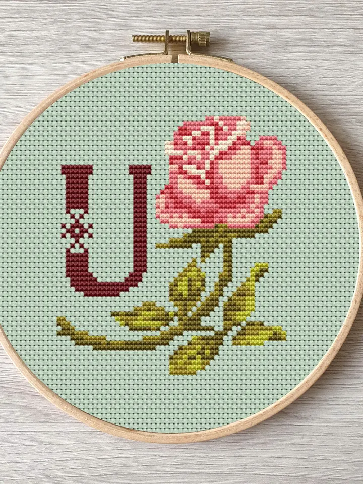 Floral letter U pdf cross stitch Flower monogram alphabet easy embroidery