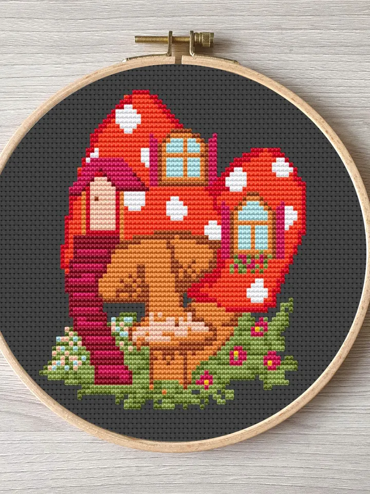 Mushroom house pattern cross stitch, easy embroidery DIY