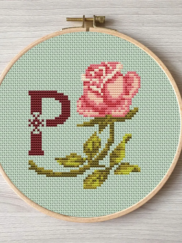 Floral letter P pdf cross stitch Flower monogram alphabet easy embroidery