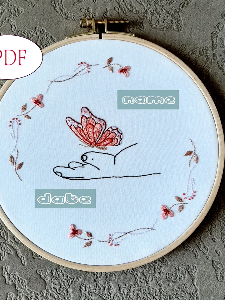Pink butterfly pattern pdf embroidery, Easy embroidery DIY, baby metric