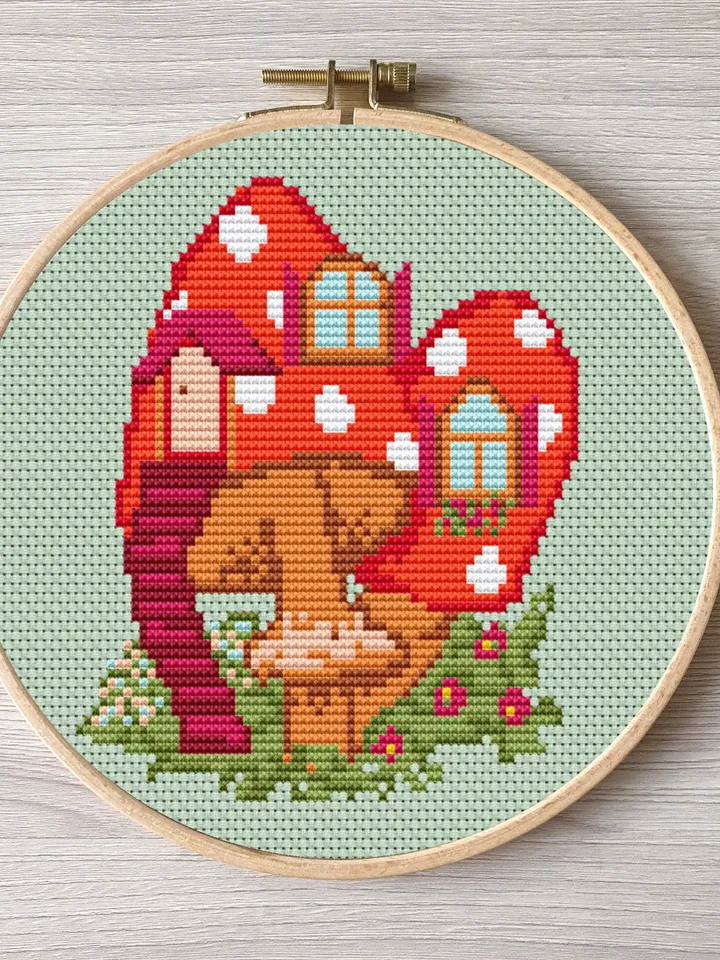 Mushroom house pattern cross stitch, easy embroidery DIY