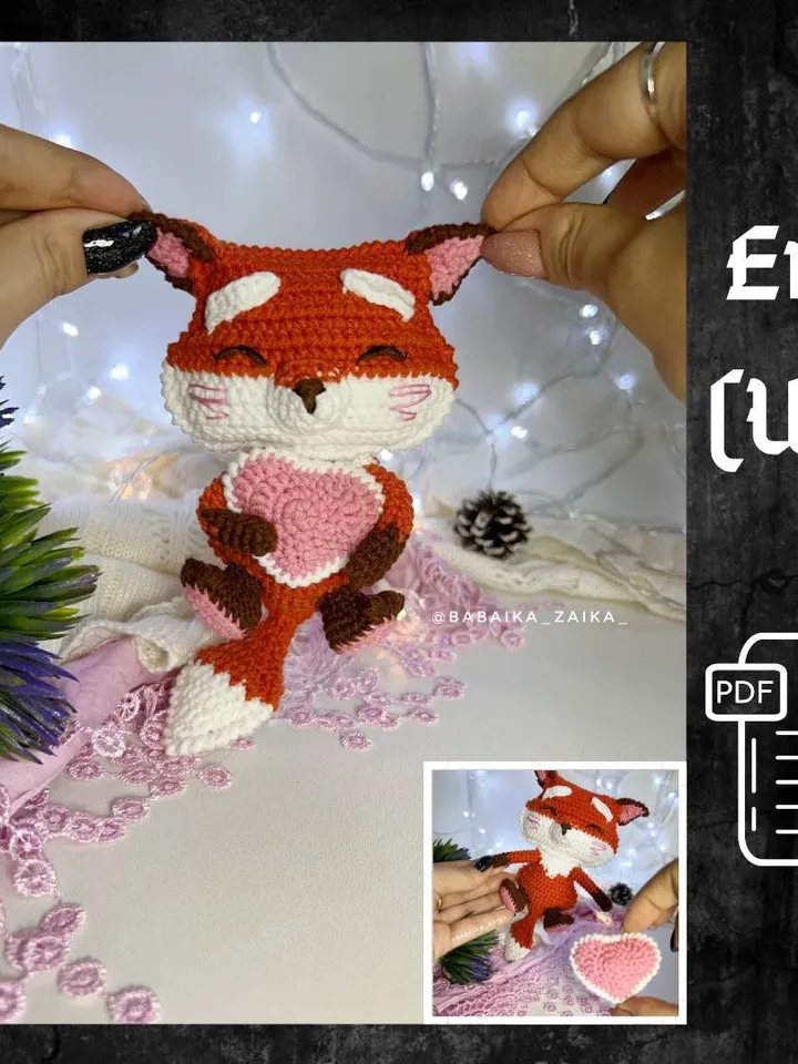 PDF Crochet Pattern Cute Fox and Heart, Amigurumi baby fox pattern, Crochet Heart, Cute fox Animal pattern Amigurumi animal Crochet baby fox