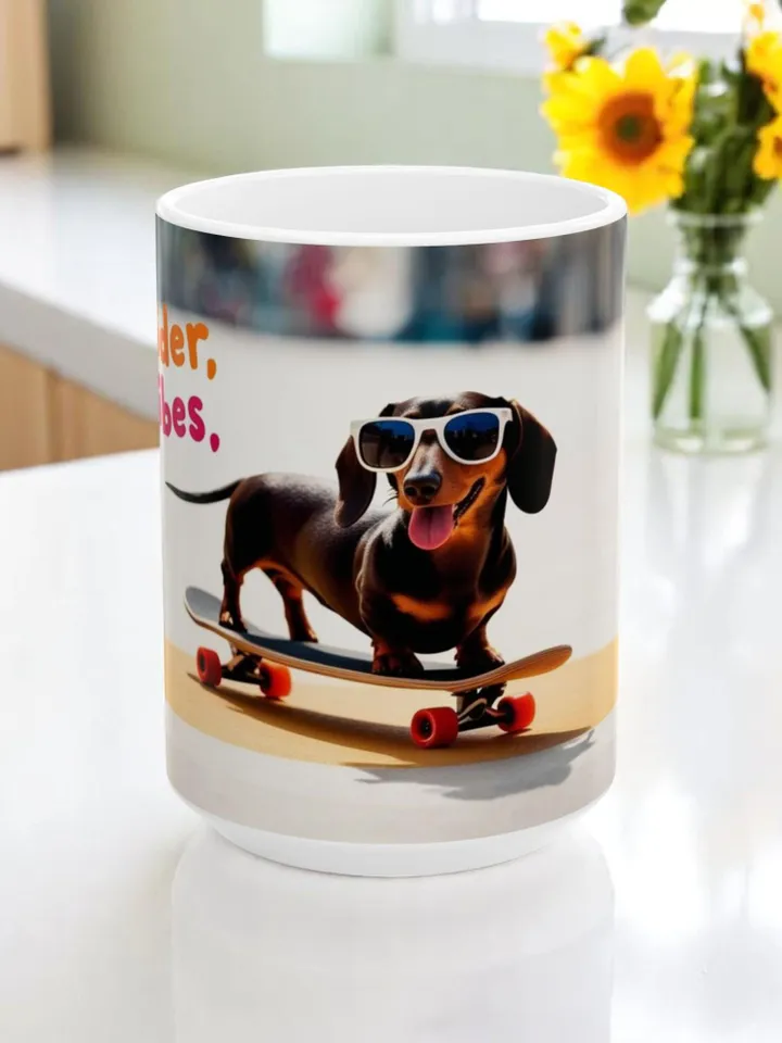 Dachshund Skateboarding Mug, Dog Lover Gift, Funny Pet Owner Cup, Cool Kitchen Decor, Cute Ceramic Coffee Cup, Unique Gift for Dog Lovers