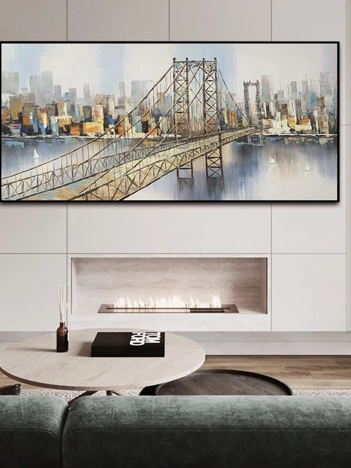 Abstract New York City Oil Painting on Canvas, Large Original Brooklyn Bridge Skyline Urban Cityscape Painting Living Room Wall Art Decor