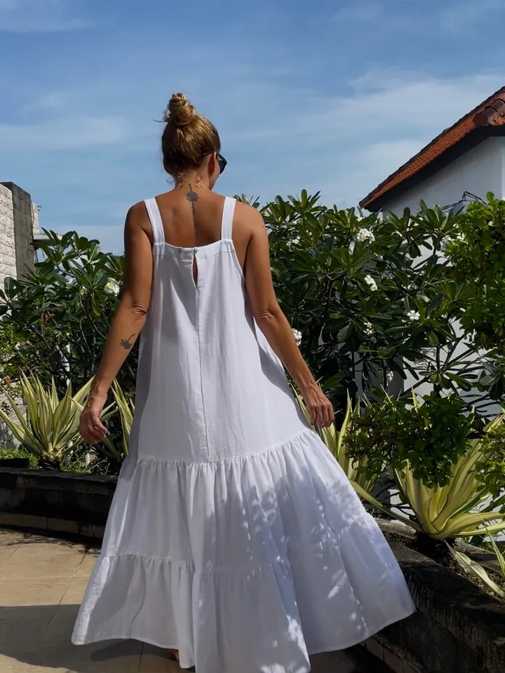 Linen loose white summer feminine LUNA dress / comfort women vacation summer long oversize dress | maxi flowy designer dress