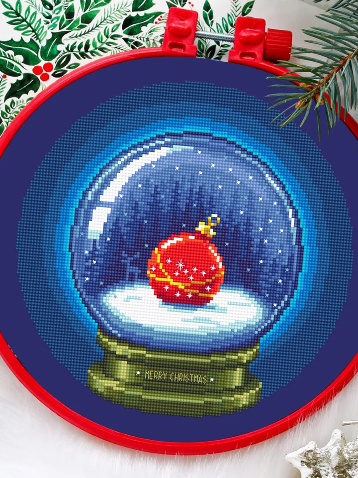 Merry Christmas cross stitch pattern download PDF Snow ball cross stitch, Winter holiday embroidery PDF, Christmas ball beginner stitch #N60