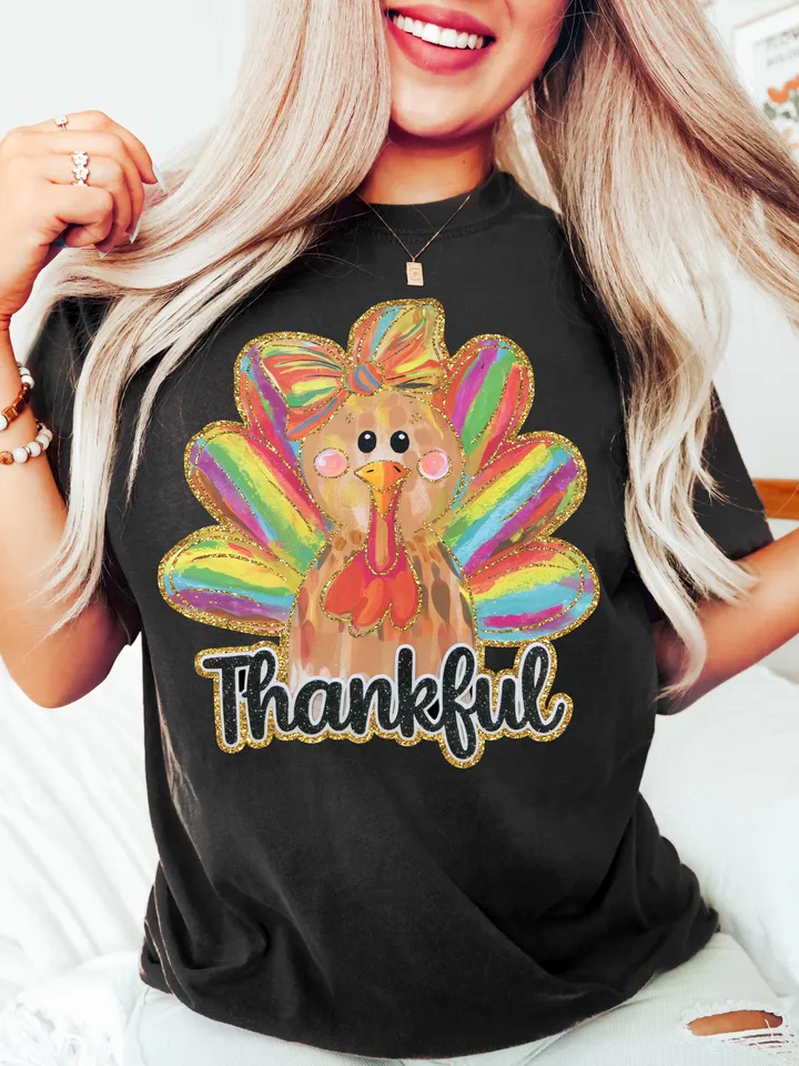 Colorful Coquette Turkey Png, Glitter Turkey Thanksgiving Png, Thankful Png, Dalmatian Dots Bow Fall Png, Hand Drawn, brushstroke