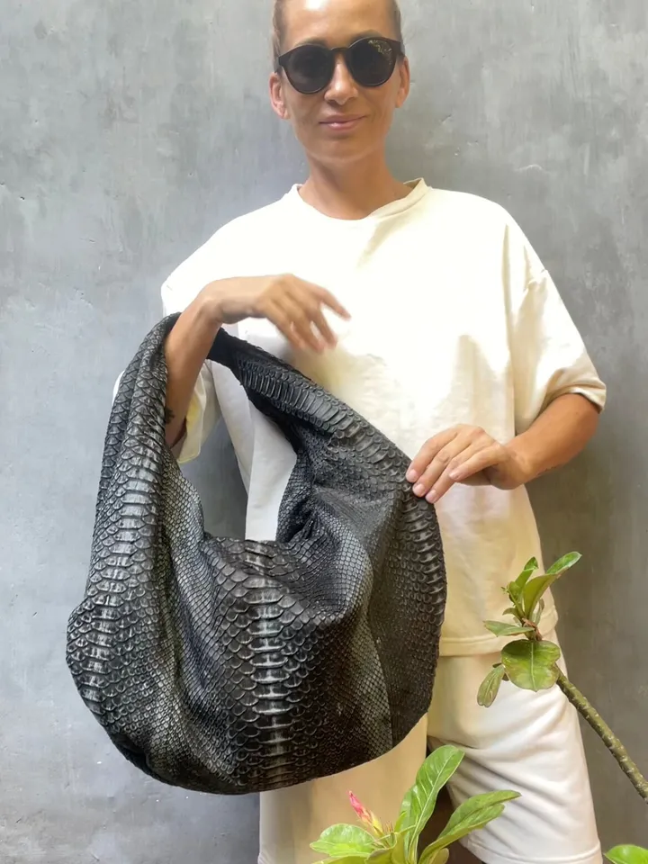 Big Soft Hobo Classy Sport Woman Bag | Purse Genuine Python Skin | Python Skin Products | Gray Big Elegant Leather Designer Soft Bag Snake
