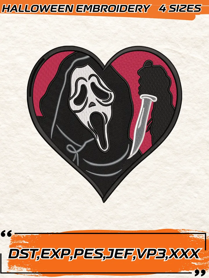 Heart Ghostface Calling Embroidery Design,Halloween Scream Embroidery Digitizing File,4 Sizes, Digital Download