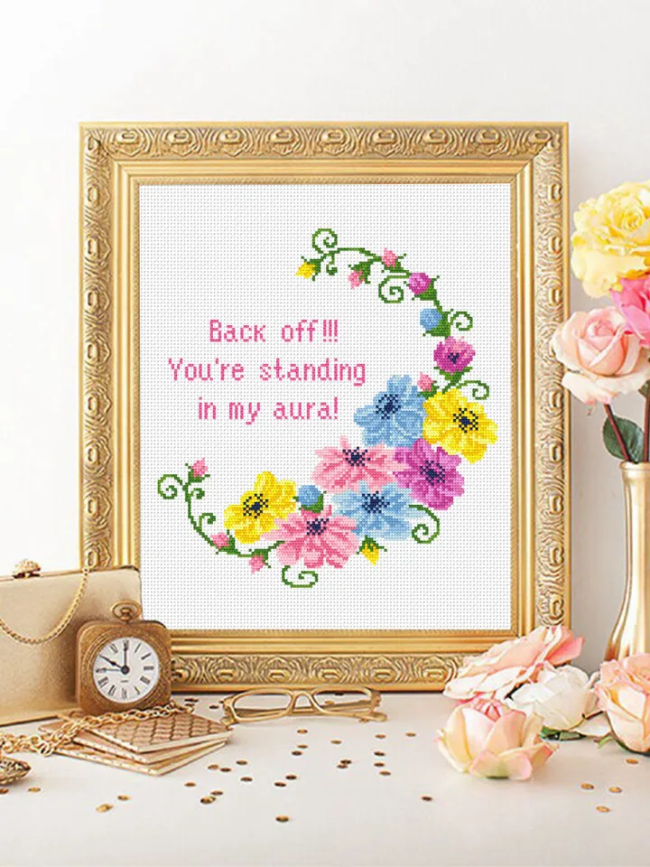 Funny framed quote cross stitch pattern PDF Floral frame cross stitch chart, Flower wreath cross stitch Instant download PDF, Back off #Q33