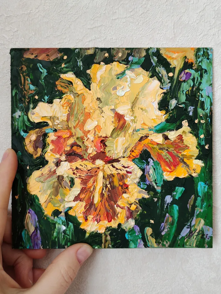 Iris painting Floral Original Art 6 by 6 Yellow flower impasto artwork by Natalia Plotnikova