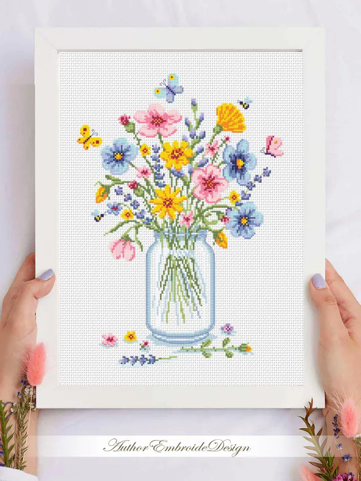 Wildflower bouquet cross stitch pattern PDF download Watercolor wildflowers cross stitch, Wild flowers in mason jar pattern digital PDF #P56