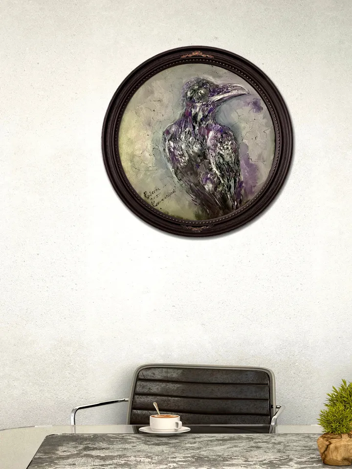 Raven original oil impasto style painting on round canvas,wall hanging,animals oil painting,birds paintings,unique handmade gift home decor.