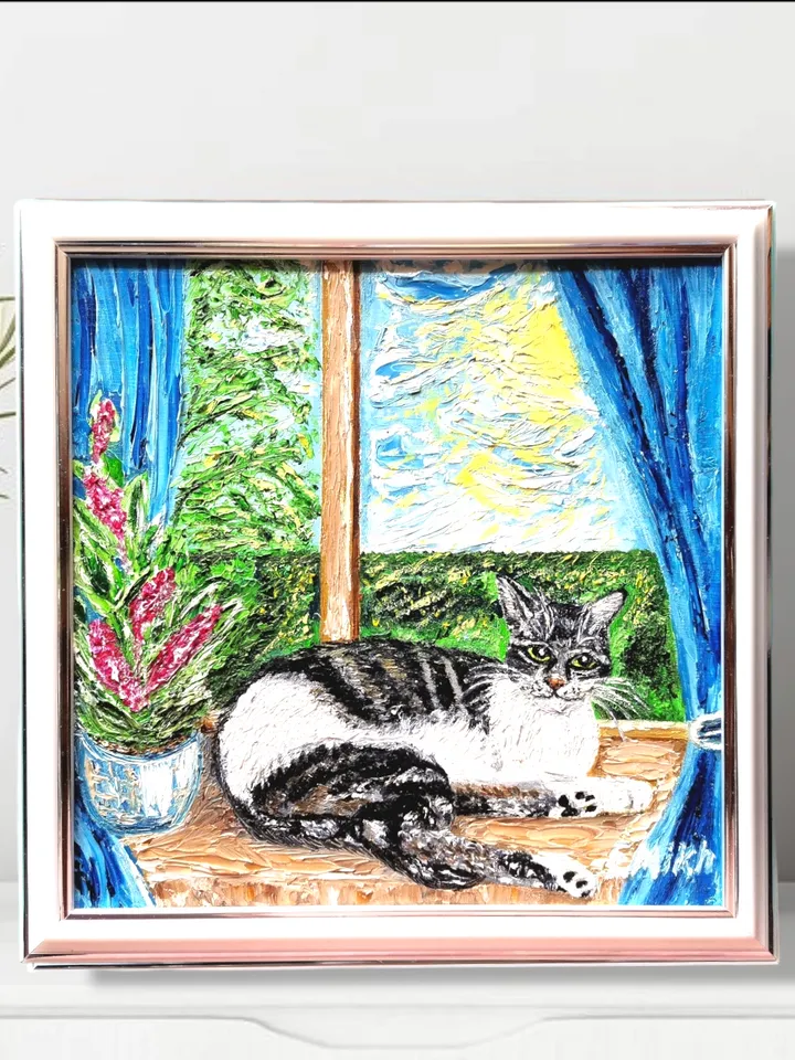 Textured oil painting "Cat", impasto 3d, 20x20 cm (7,87х7,87 inches)