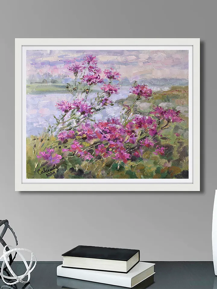 Wildflowers Painting Blooming Field Landscape Purple Flowers