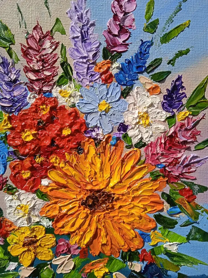 Oil Painting Bright Flowers Chamomile Sunflowers Impasto Art Miniature 15x20 cm