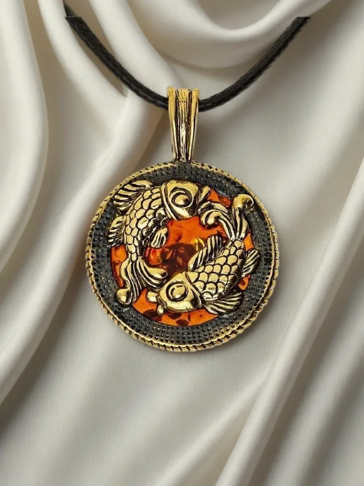 Pisces necklace Pisces gift zodiac sign pendant fish amber jewelry gold brass Fish Amulet round pendant medallion
