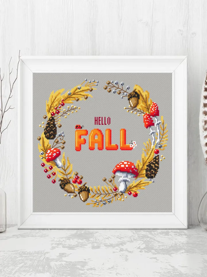 Hello fall wreath cross stitch pattern download PDF, Magic amanita mushroom cross stitch, Autumn wreath embroidery PDF, Fall home decor #Q50
