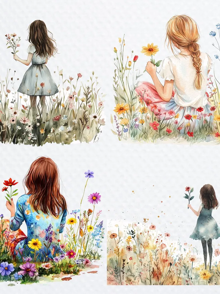 26 Girl and Flower PNG bundle, Printable Watercolor Floral Girl clipart, floral woman png for sublimation pack, Paper craft, junk journal