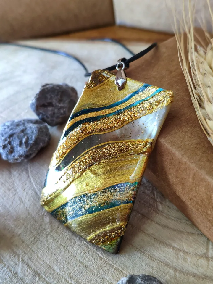 Pearl pendant necklace: Gold blue water on handmade jewelry • abstract art style • trendy necklace for woman • astonishing gift for her