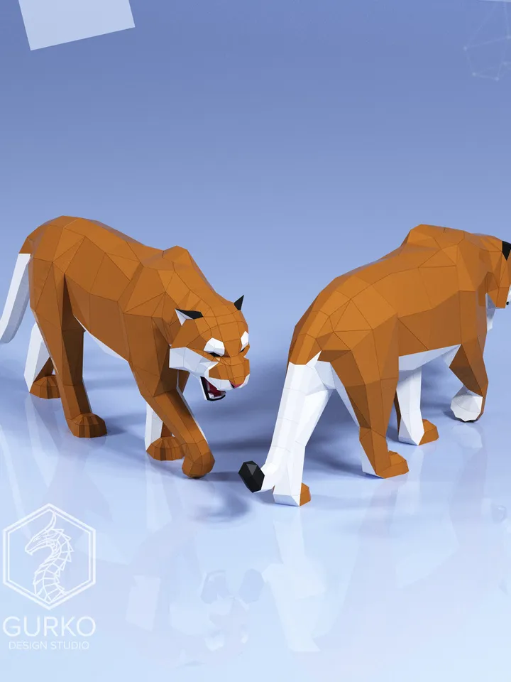 Crouching Tiger Papercraft, Cat, Digital Template, PDF Download, Gurko, 3D LowPoly, Pepakura, Origami Sculpture, Paper Party Decor, DIY Gift
